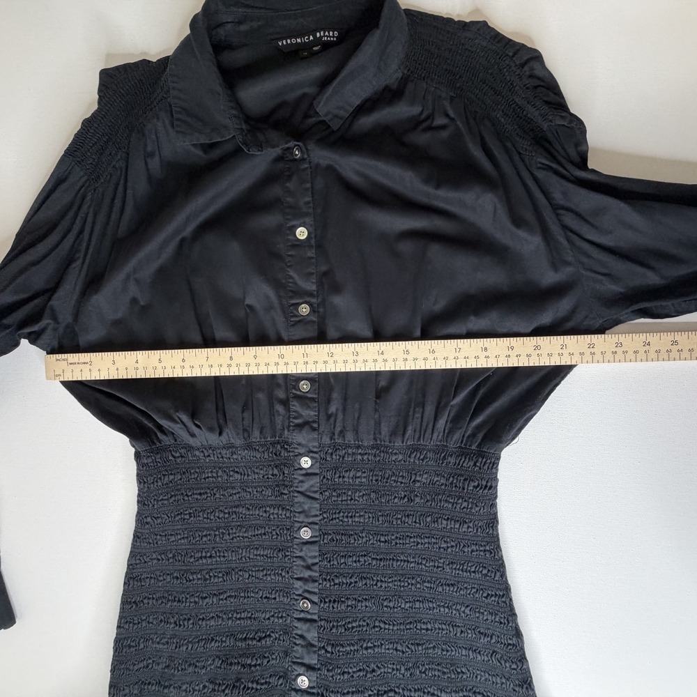Veronica Beard Newport Dress Size 14 Black Cotton Smocked Minimalist Stretch LBD - Picture 13 of 16